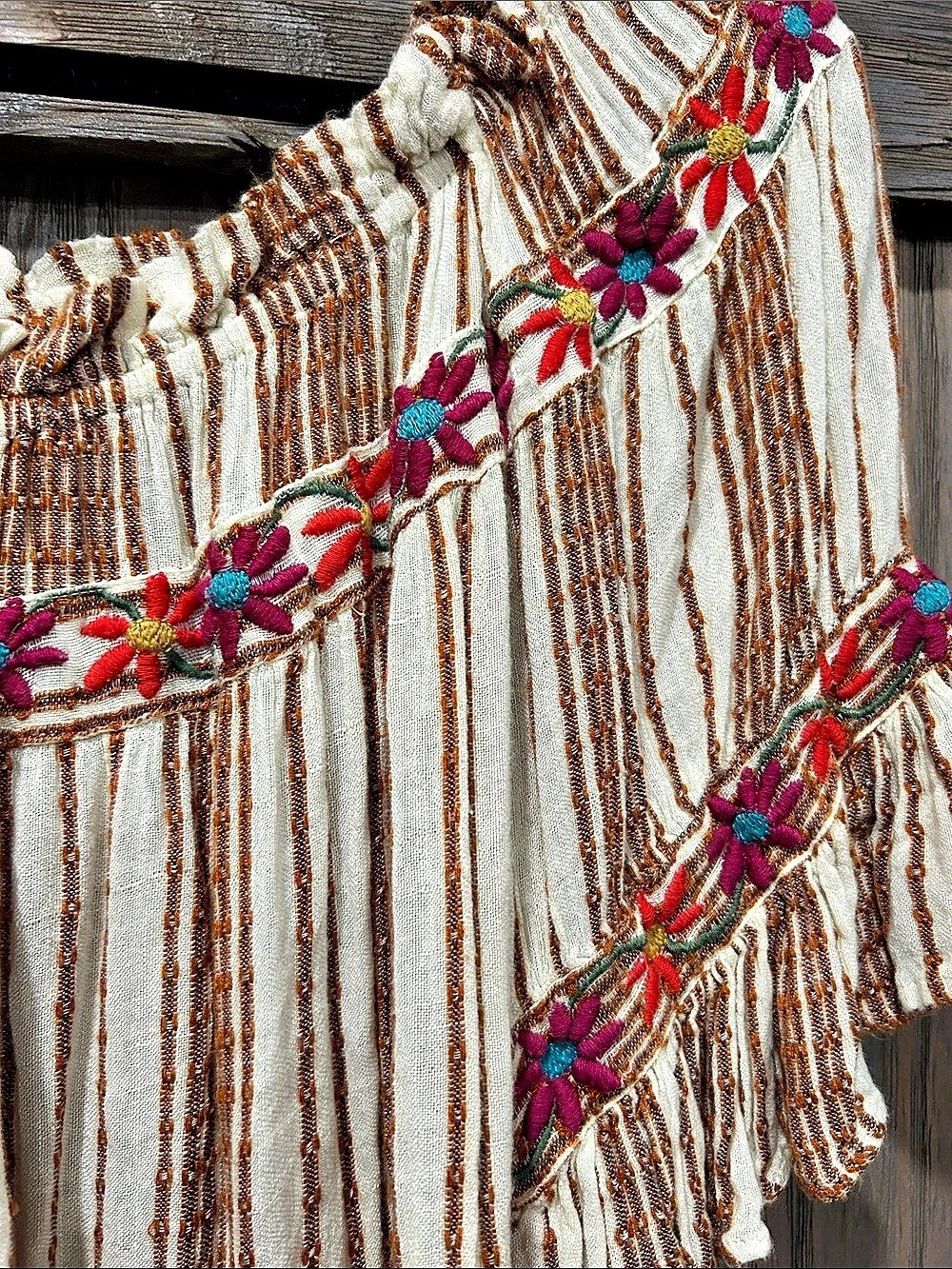Ivy Jane Embroidered Striped Blouse in White & Brown Size Small/Medium - Picture 3 of 4
